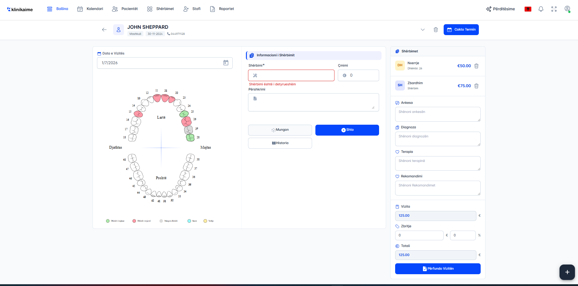 Dashboard i Klinikës Dentare